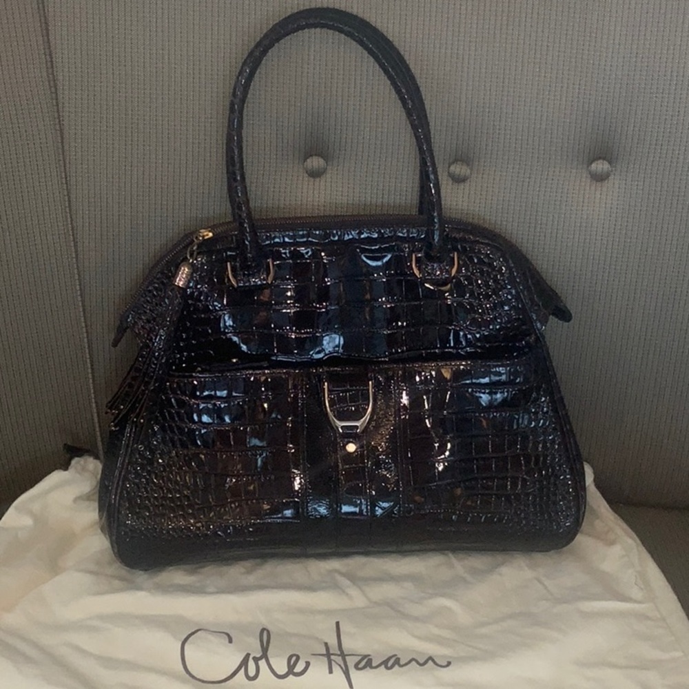 Cole Haan Crock embossed patent saddle detail large tote bag in brown